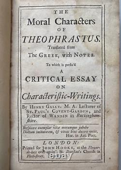 1725 Moral Characters of Theophrastus Henry Gally Leather First Edition