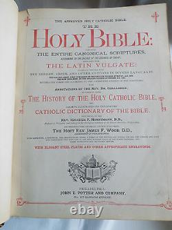 Antique Vtg Holy Catholic Bible Douay & Rheims 1800's. 22 Kt Gold Gilt Leather